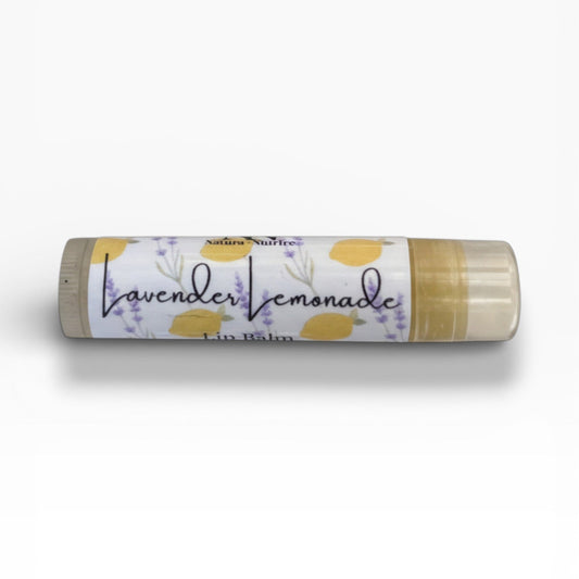 Lip balm stick with 'Lavender Lemonade' label on a white background
