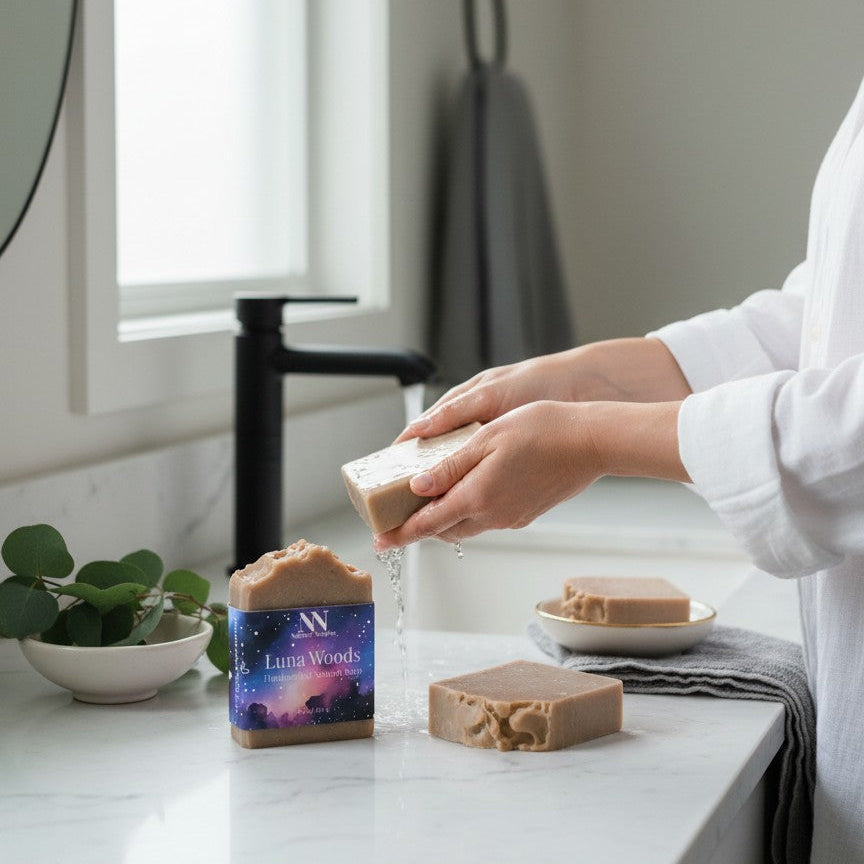 Person holding a bar of soap next to two other bars on a bathroom counter with 'Luna Woods' branding.
