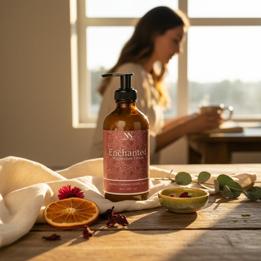 Enchanted Magnesium Lotion pump bottle on a wooden table with dried orange slices, hibiscus flowers, and eucalyptus, a woman standing near a sunlit window in the background