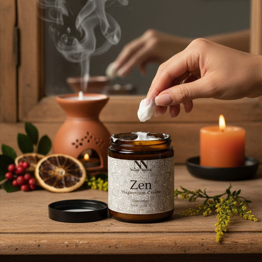 Hand dipping a cotton swab into an open jar of Zen Magnesium Cream on a wooden table with a lit candle, terracotta oil diffuser, dried orange slices, and red berries