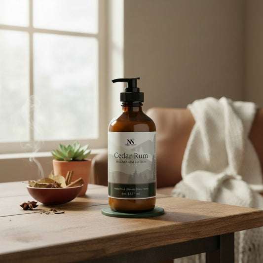 Cedar Rum Magnesium Lotion pump bottle on a wooden table with a steaming bowl of cinnamon sticks, a small succulent plant, and a cozy throw blanket by a window