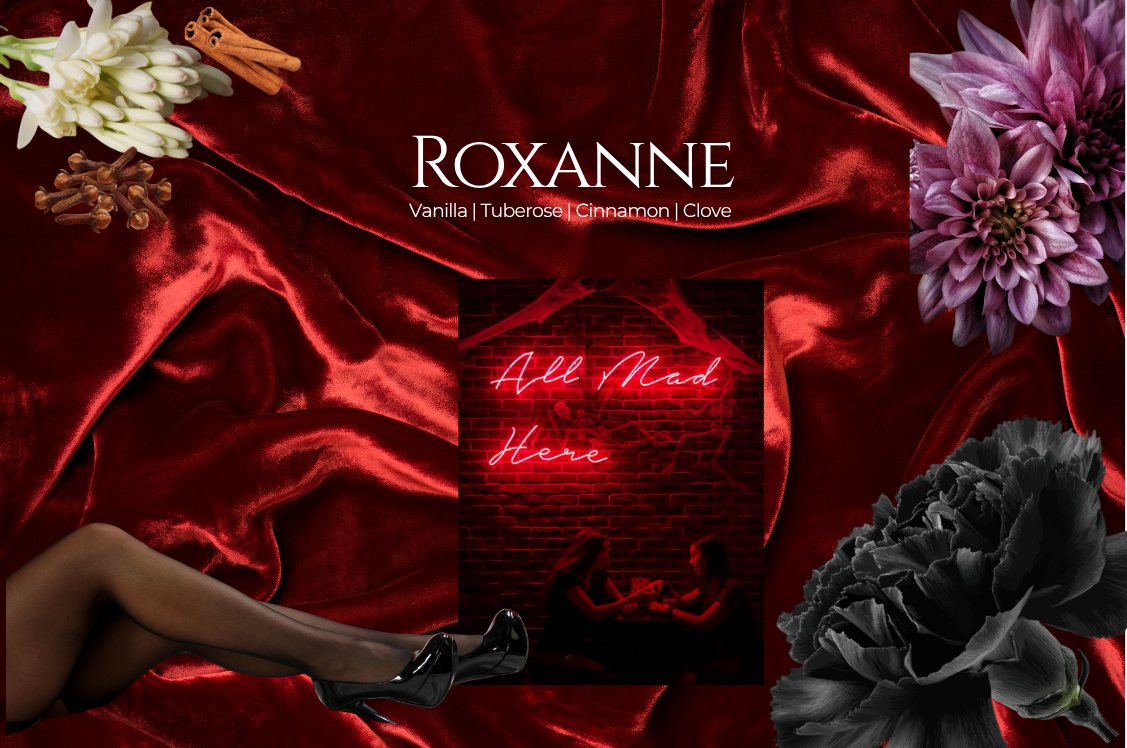Roxanne perfume packaging with red satin, flowers, and a black rose.