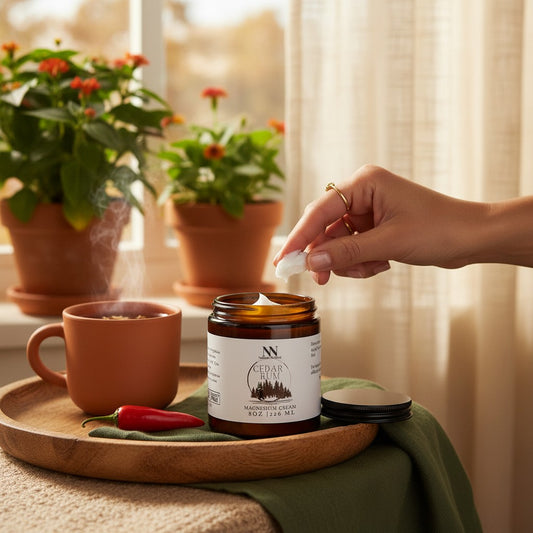 Natura+Nutrire Magnesium Cedar Rum cream jar on a wooden tray with a hand scooping product for muscle relief