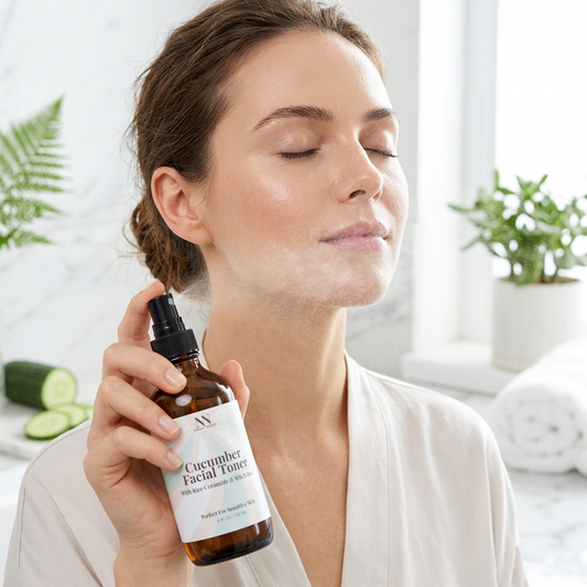 Woman holding a bottle of cucumber facial toner in a bathroom setting