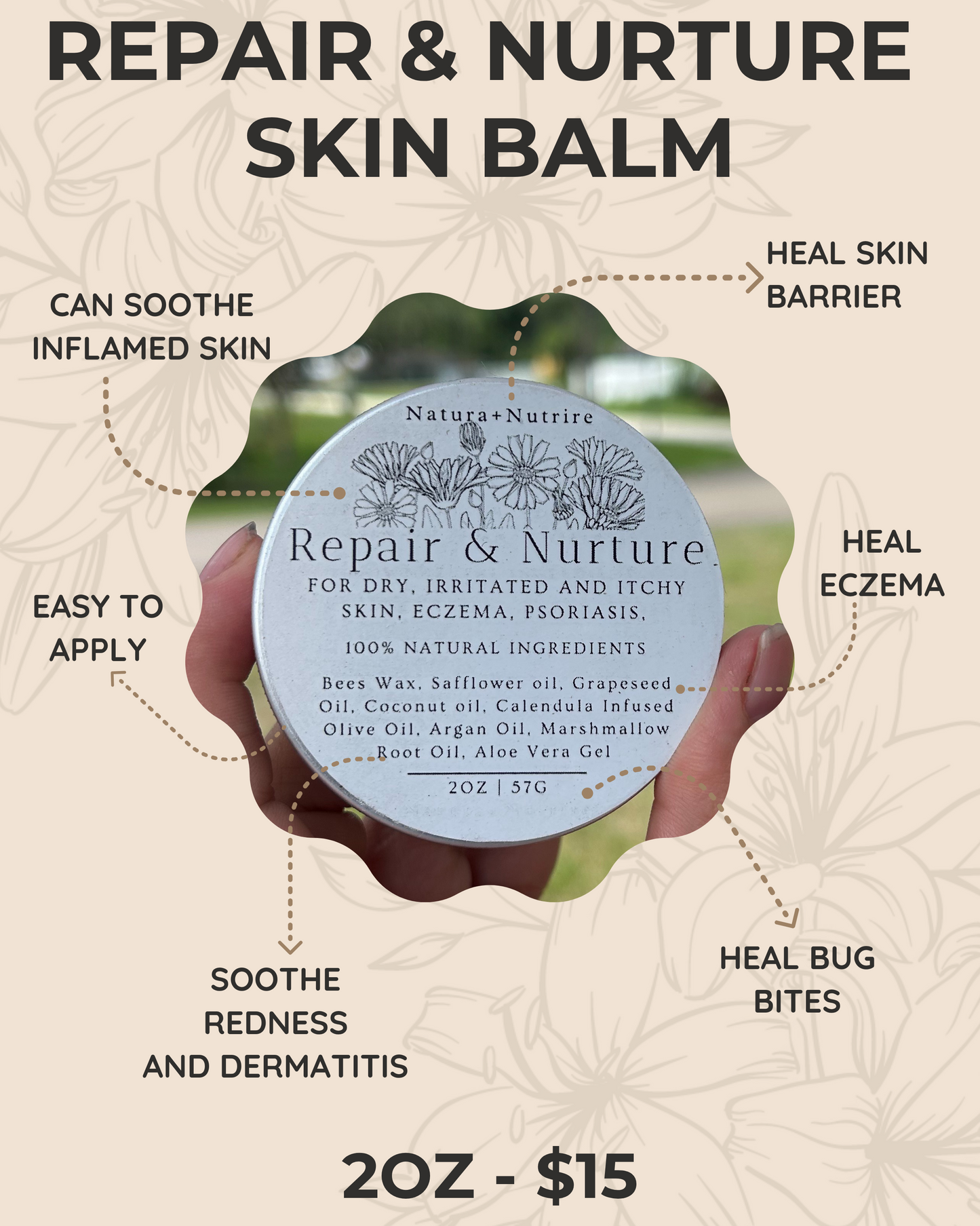 Advertisement for a skin balm with text highlighting its benefits and features.