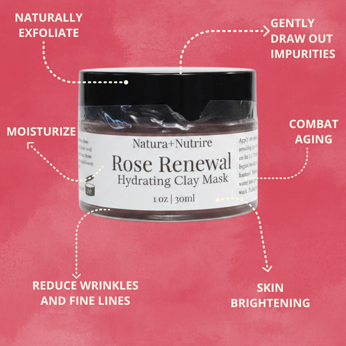 Rose Renewal Hydrating Clay Mask jar with benefits on a pink background