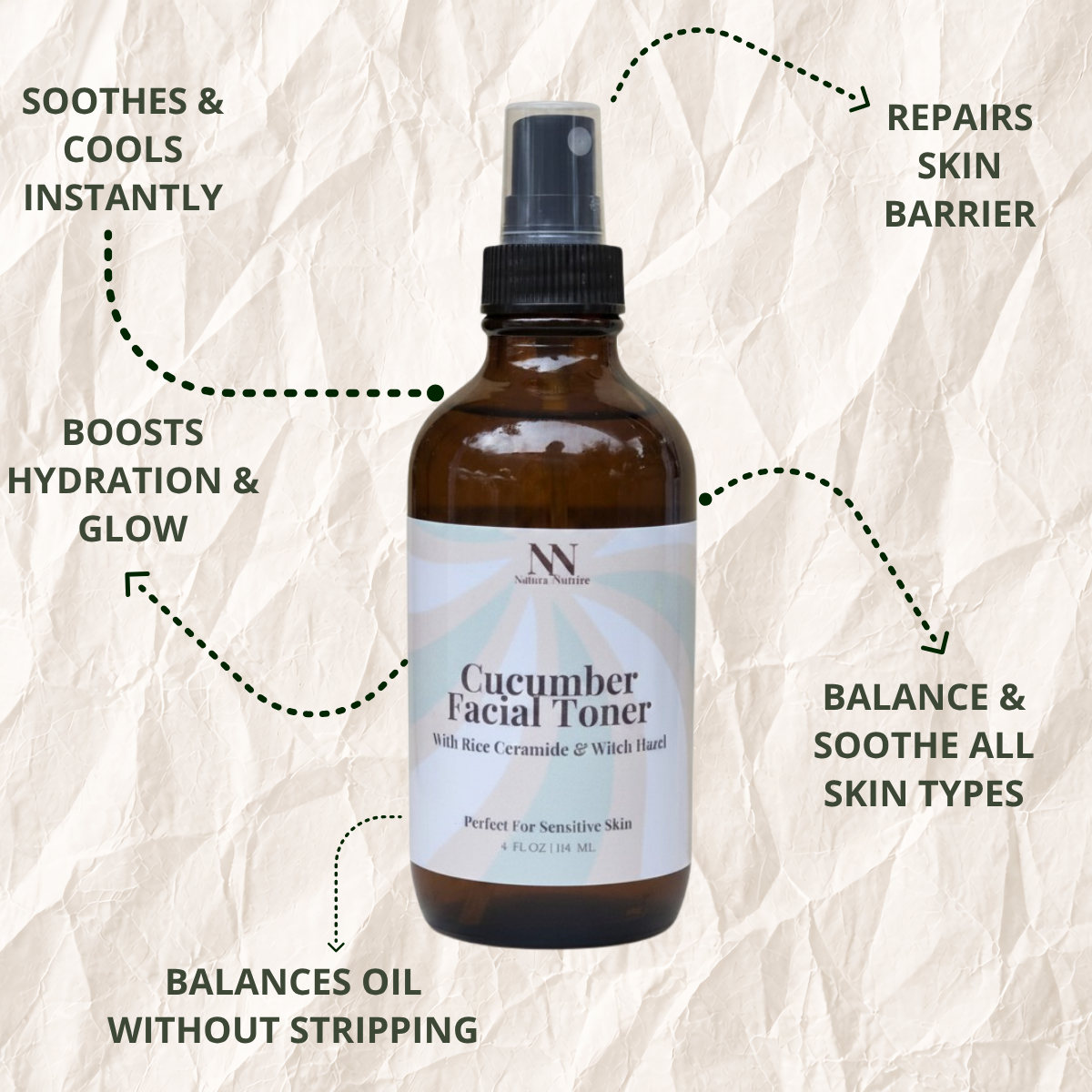 Cucumber facial toner bottle with text highlighting its benefits on a textured beige background