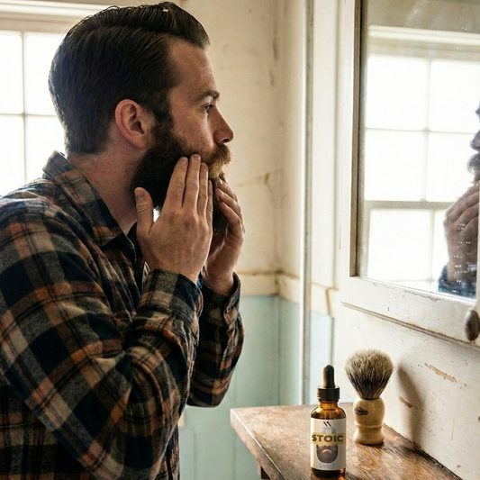 Man in a plaid shirt examining his beard in front of a mirror with a bottle and brush on a wooden shelf.