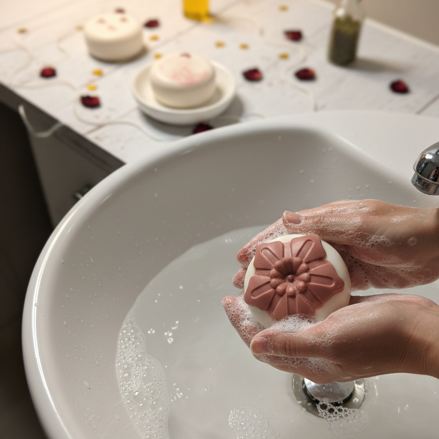 Person holding a pink soap over a sink with various bath products on a counter.