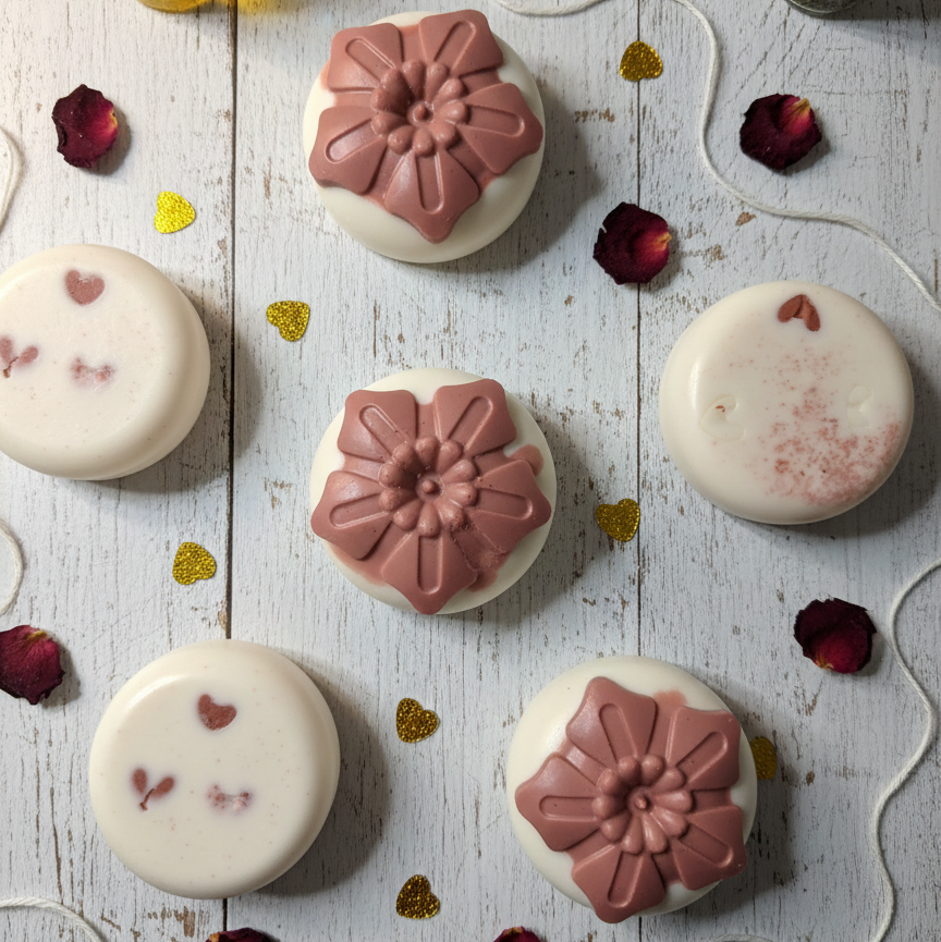 Soaps with floral designs on a rustic wooden surface with rose petals.