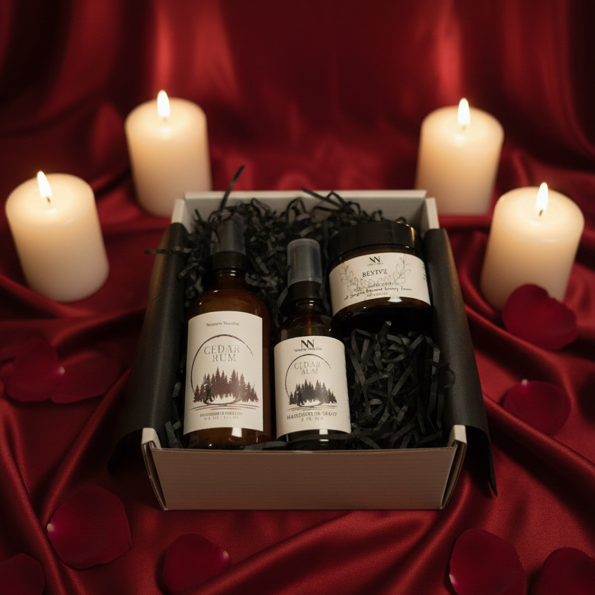 Three bottles in a box on a red fabric background with candles