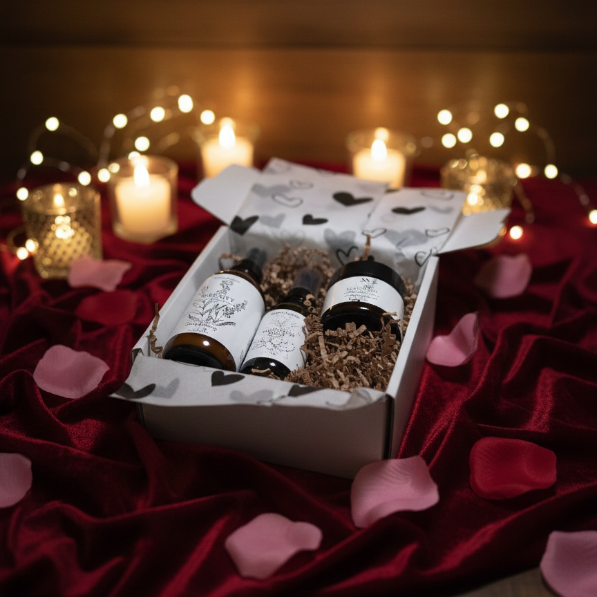 Box of tea with candles and rose petals on a dark background