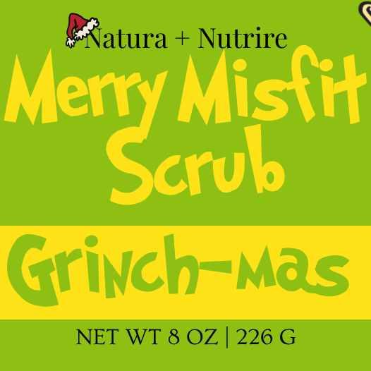 Product label for 'Merry Misfit Scrub Grinch-mas' with reindeer design on a green background