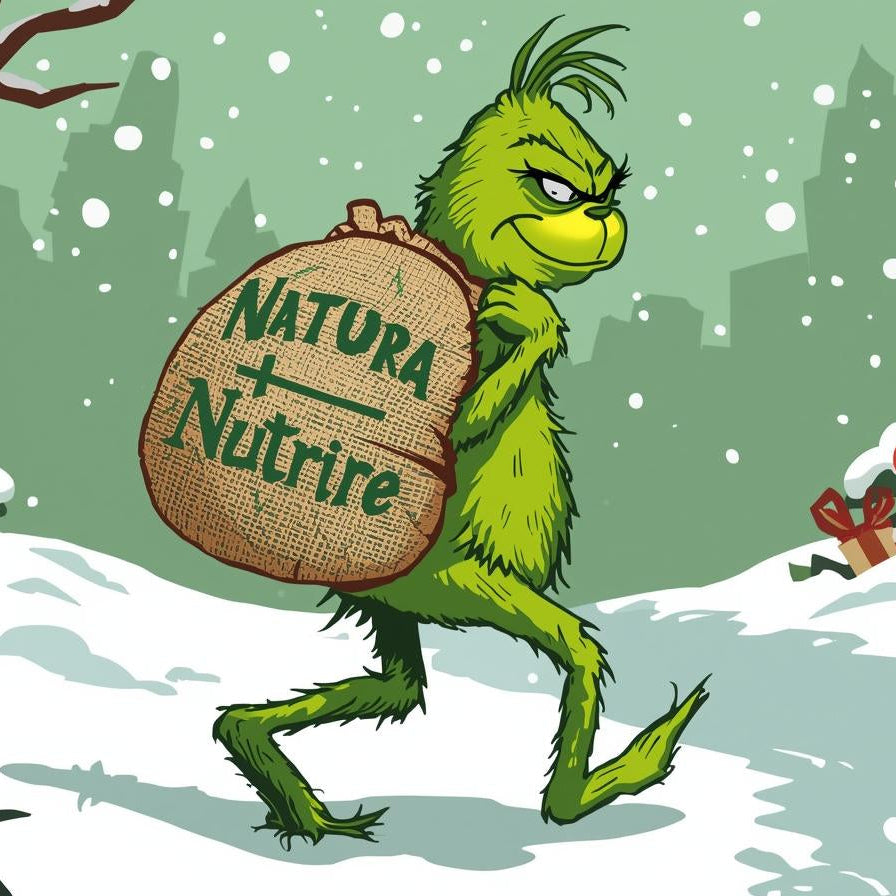 Cartoon character holding a 'Natura Nutrire' bag in a snowy landscape with trees and presents.