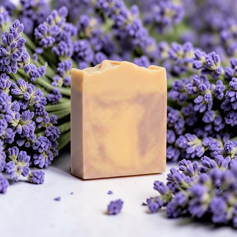 Lavender Dreamin' Handcrafted Soap bar nestled among fresh purple lavender flowers