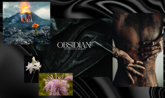 Product display with 'OBSIDIAN' branding featuring a mountain, hands, and flowers.