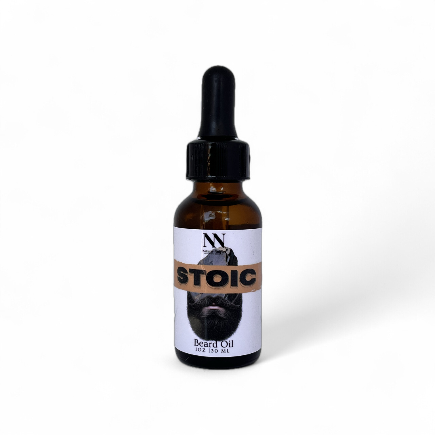 Bottle of Stoic beard oil with a dropper on a white background
