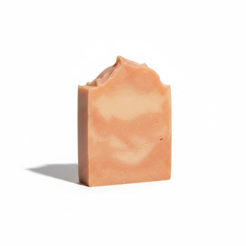 Strawberry Fields Handcrafted Soap bar with marbled peach and cream pattern on a white background