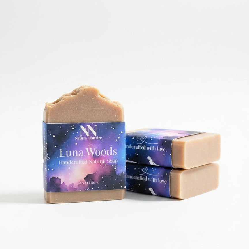 Two bars of Luna Woods soap with packaging on a white background