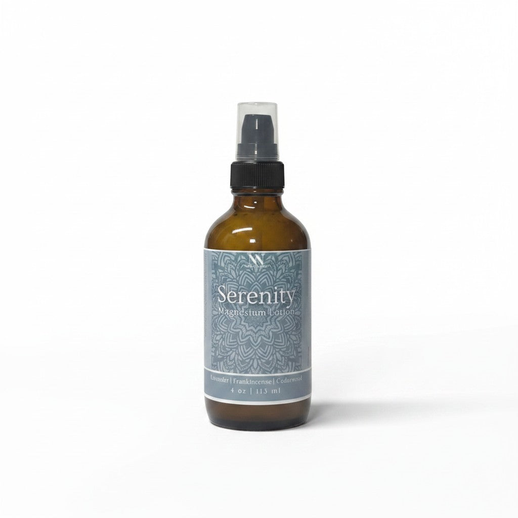 Serenity Magnesium Lotion 4oz spray bottle with teal mandala-patterned label on a white background