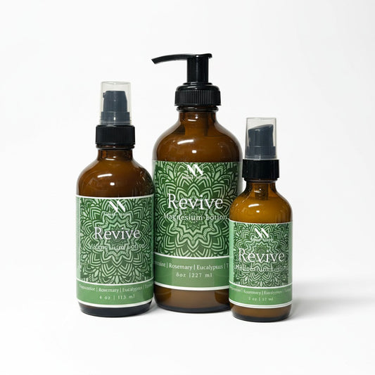 Three Revive Magnesium Lotion bottles - 4oz spray, 8oz pump, and 2oz spray - with green mandala-patterned labels on a white background
