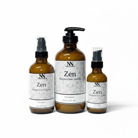 Three Zen Magnesium Lotion (Unscented) bottles - 4oz spray, 8oz pump, and 2oz spray - with white mandala-patterned labels on a white background