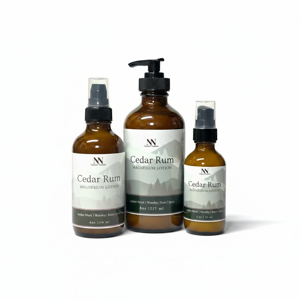 Three Cedar Rum Magnesium Lotion bottles - 8oz pump, 4oz spray, and 2oz spray - on a white background