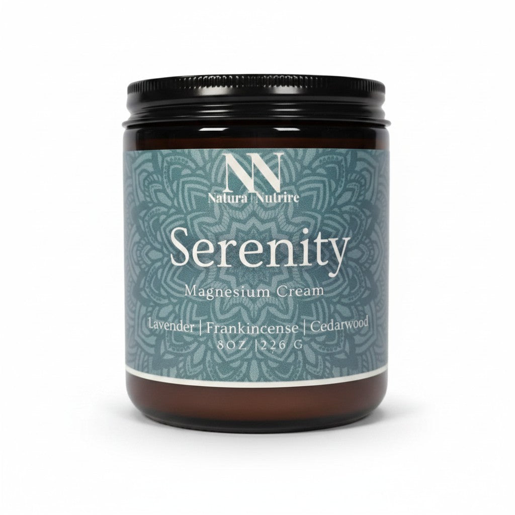 Serenity Magnesium Cream 8oz jar with teal mandala-patterned label on a white background