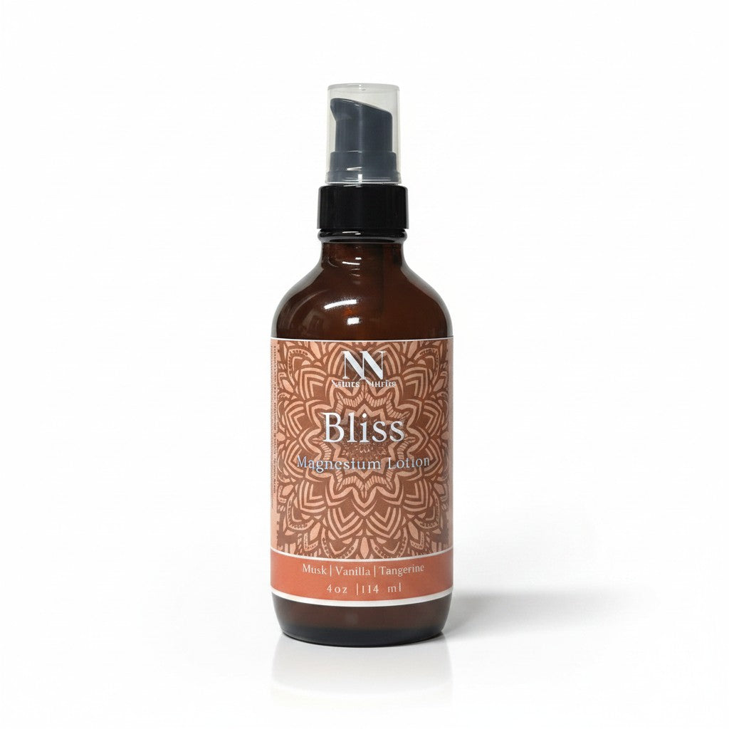 Bliss Magnesium Lotion 4oz pump bottle with orange mandala-patterned label on a white background