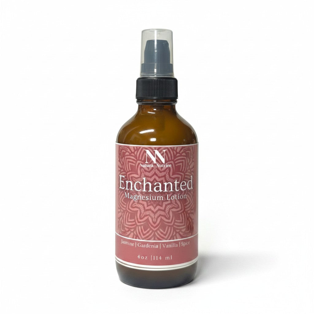 Enchanted Magnesium Lotion 4oz spray bottle with pink mandala-patterned label on a white background