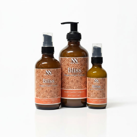 Bliss Magnesium Lotion in three bottle sizes with orange mandala-patterned labels on a white background