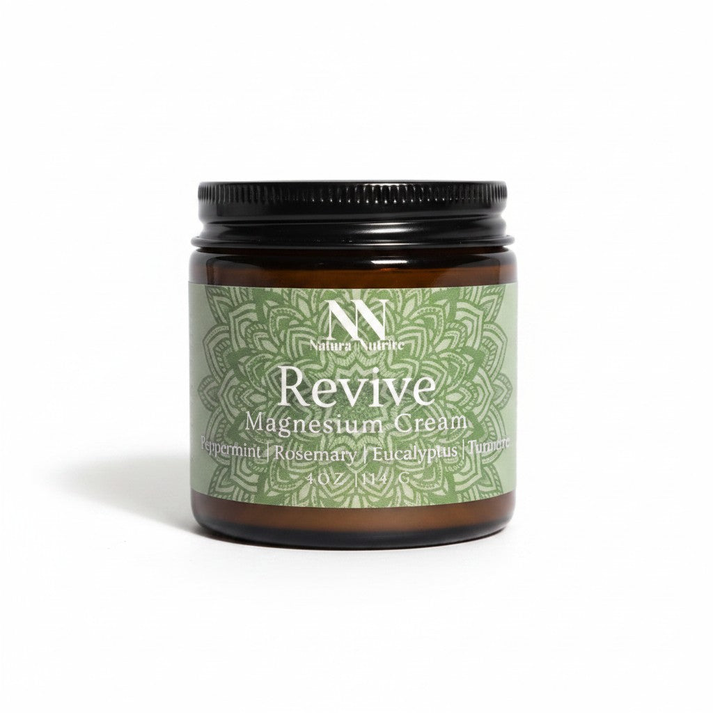 Revive Magnesium Cream 4oz jar with green mandala-patterned label on a white background
