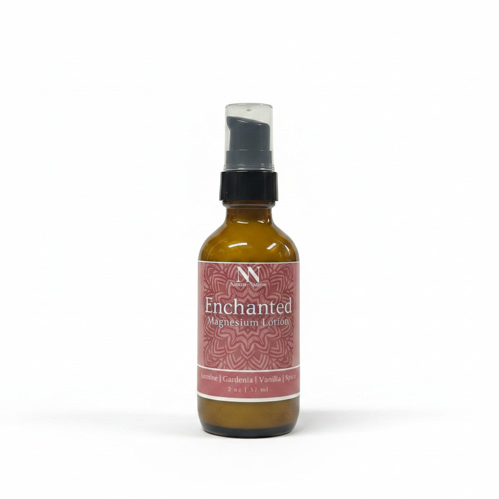 Enchanted Magnesium Lotion 2oz spray bottle with pink mandala-patterned label on a white background