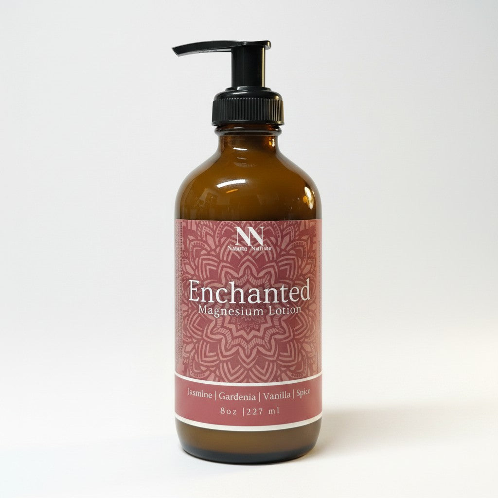 Enchanted Magnesium Lotion 8oz pump bottle with pink mandala-patterned label on a white background