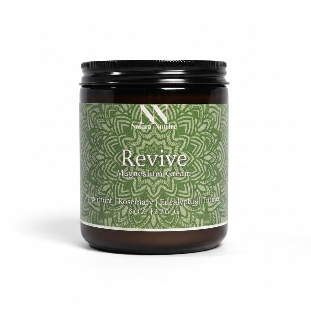 Revive Magnesium Cream 8oz jar with green mandala-patterned label on a white background