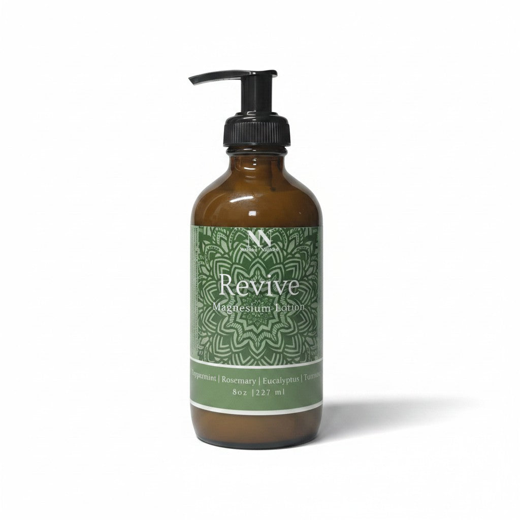 Revive Magnesium Lotion 8oz pump bottle with green mandala-patterned label on a white background