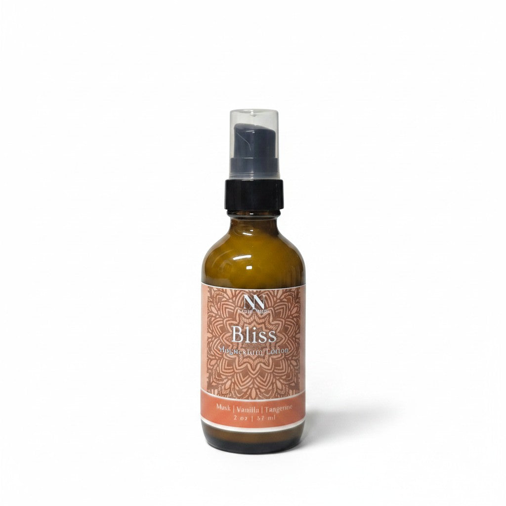 Bliss Magnesium Lotion 2oz pump bottle with orange mandala-patterned label on a white background