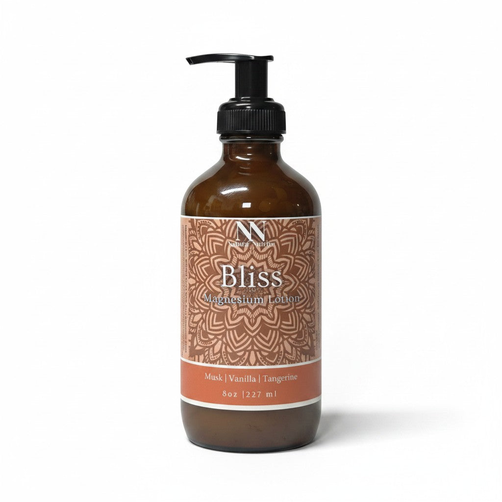 Bliss Magnesium Lotion 8oz pump bottle with orange mandala-patterned label on a white background