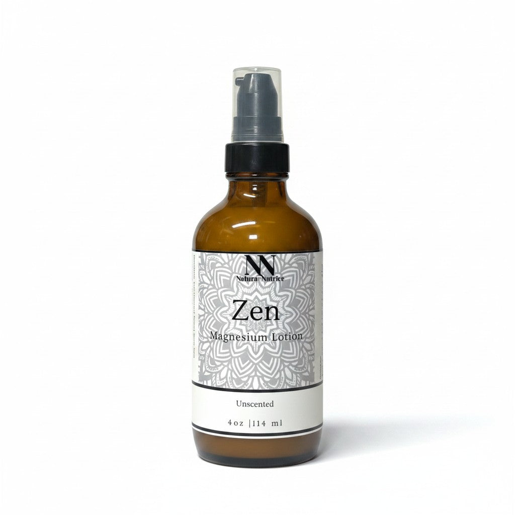 Zen Magnesium Lotion (Unscented) 4oz spray bottle with white mandala-patterned label on a white background