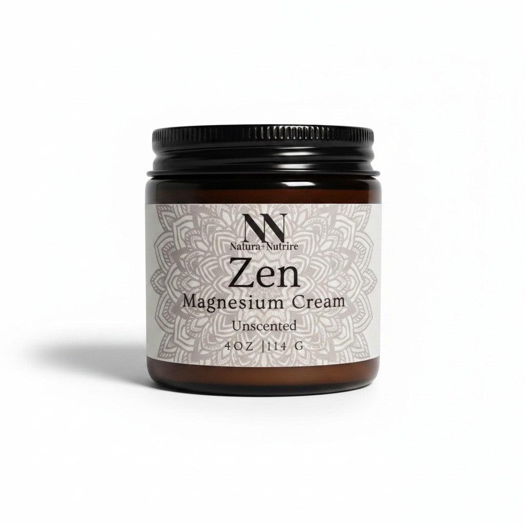 Zen Magnesium Cream (Unscented) 4oz jar with light gray mandala-patterned label on a white background