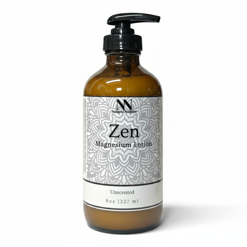 Zen Magnesium Lotion (Unscented) 8oz pump bottle with white mandala-patterned label on a white background