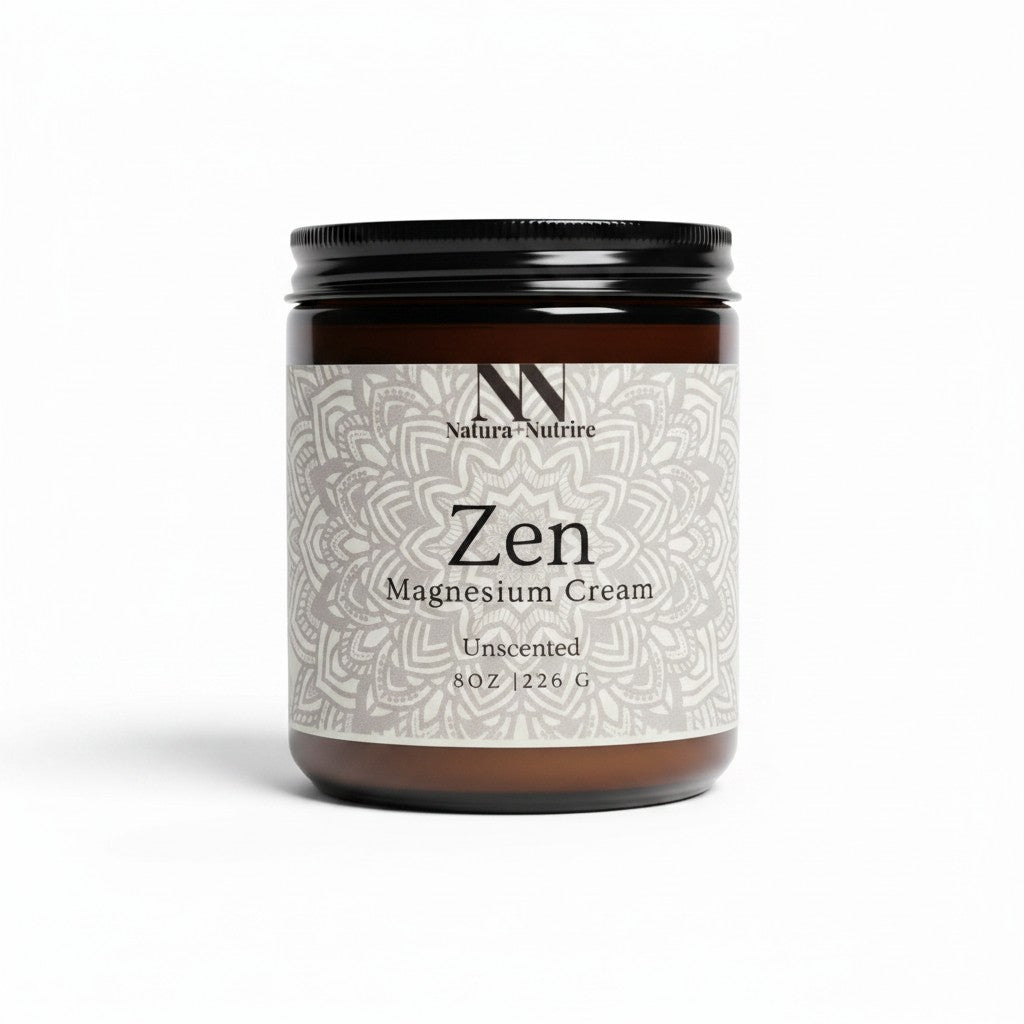 Zen Magnesium Cream (Unscented) 8oz jar with light gray mandala-patterned label on a white background