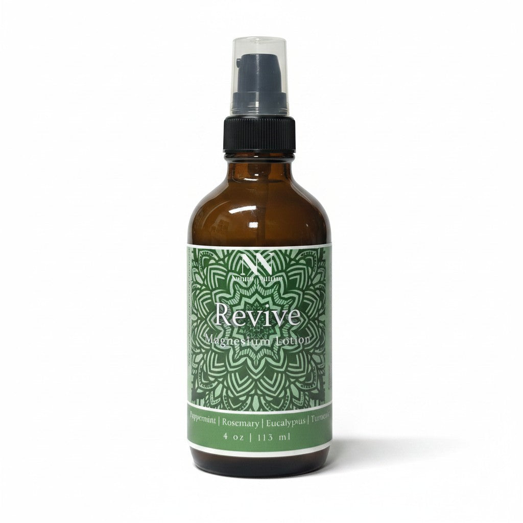 Revive Magnesium Lotion 4oz spray bottle with green mandala-patterned label on a white background