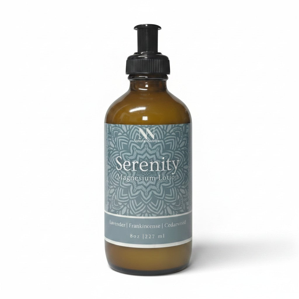 Serenity Magnesium Lotion 8oz pump bottle with teal mandala-patterned label on a white background