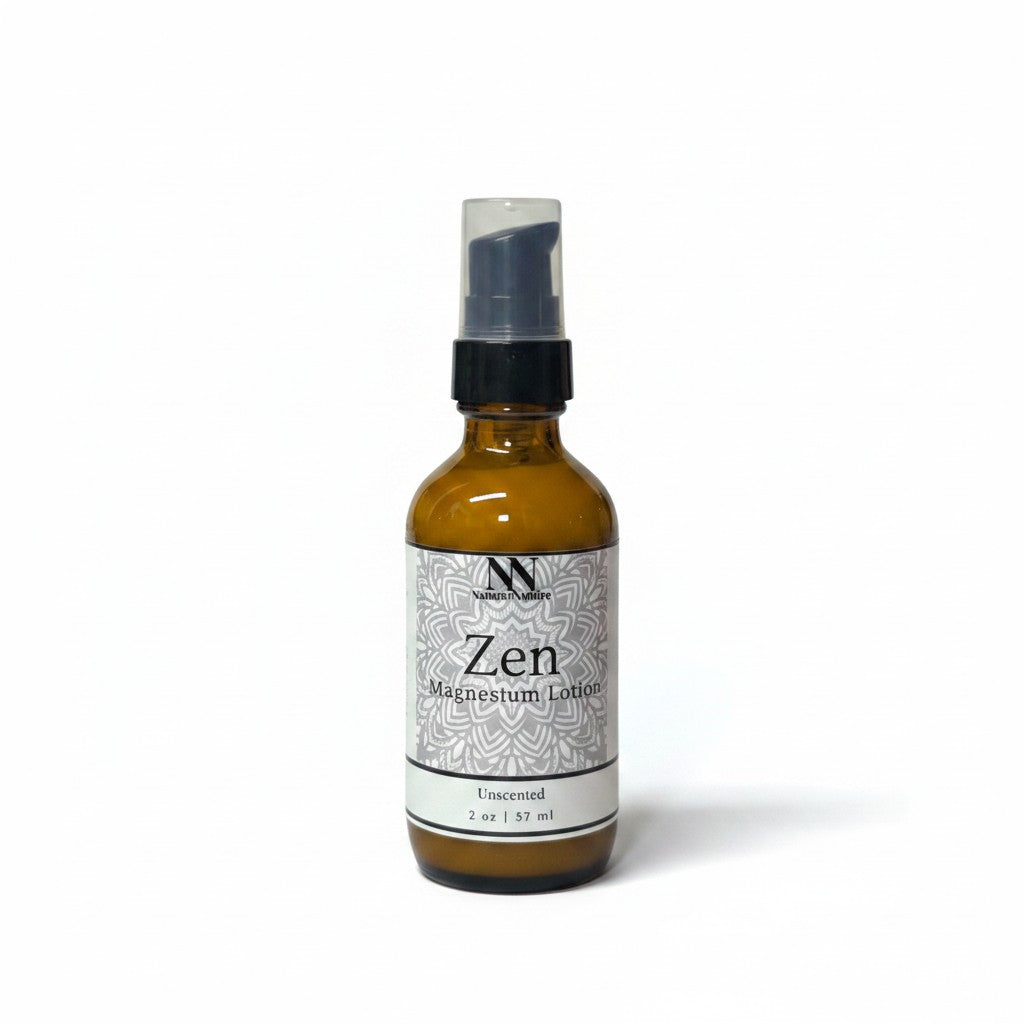 Zen Magnesium Lotion (Unscented) 2oz spray bottle with white mandala-patterned label on a white background