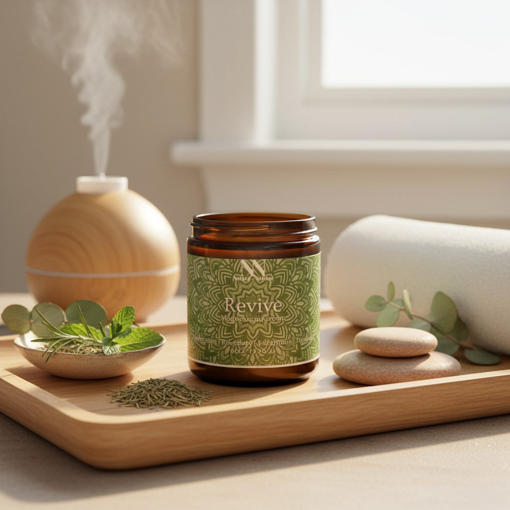 Revive Magnesium Cream jar on a wooden tray with a diffuser, rolled towel, fresh herbs, and spa stones in a softly lit room
