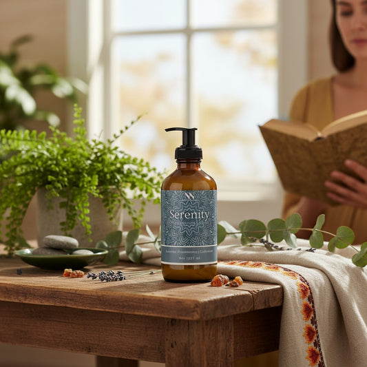 Serenity Magnesium Lotion pump bottle on a wooden table with a potted fern, eucalyptus sprigs, dried lavender, and a woman reading in the background