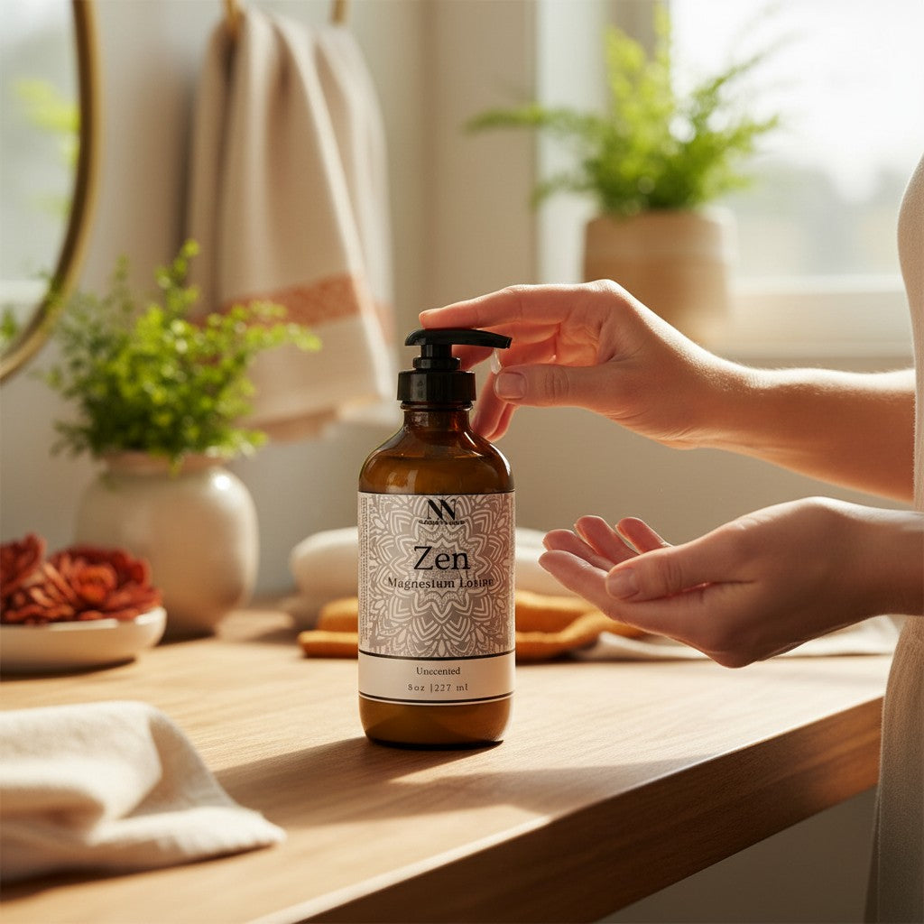 Hands dispensing Zen Magnesium Lotion from the pump bottle on a wooden bathroom countertop with plants and folded towels
