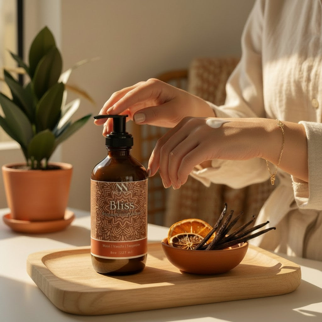 Hands applying Bliss Magnesium Lotion at a wooden table with dried orange slices, vanilla beans, and a potted plant