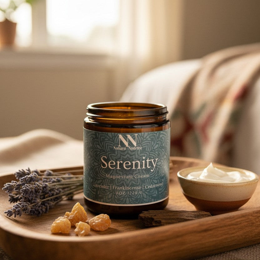 Serenity Magnesium Cream jar on a wooden tray with dried lavender, frankincense resin, and a bowl of cream in a softly lit bedroom setting